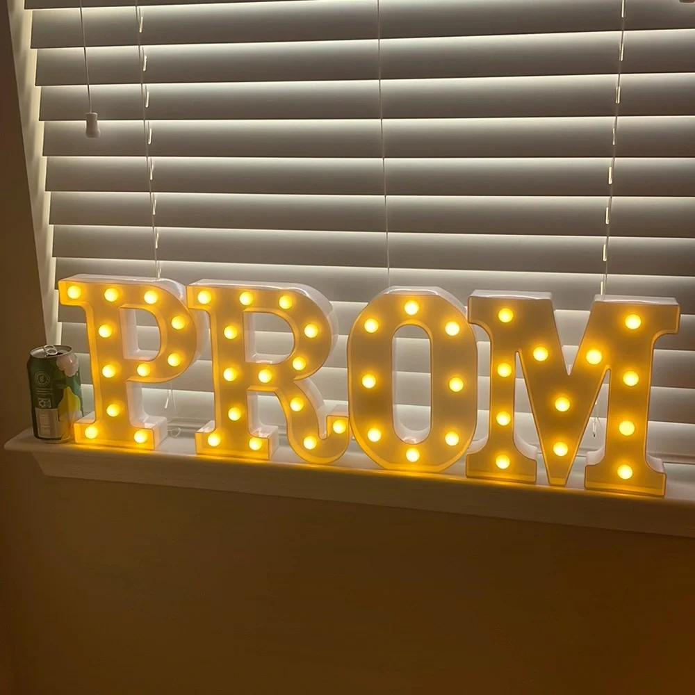 Marquee letters P R O M, 9” with lights.